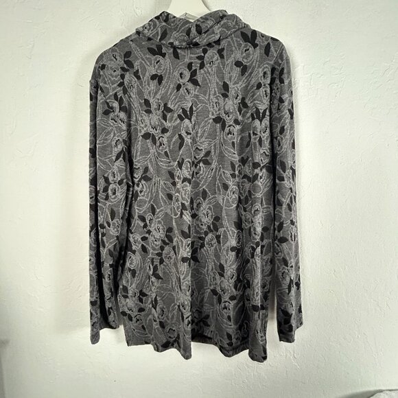 Chico's Womens Gray/Black Floral Print Cowl Neck Long Sleeve Top Size 3 Stretch - Picture 2 of 8